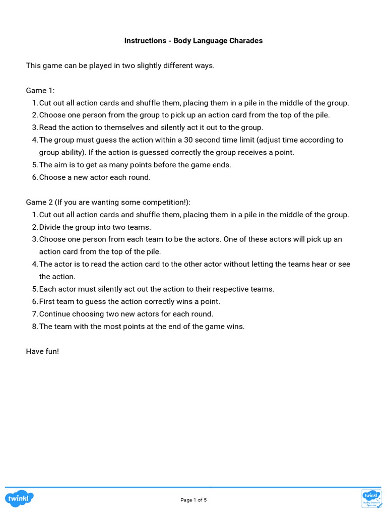 Instructions - Body Language Charades: Page 1 of 5 | PDF