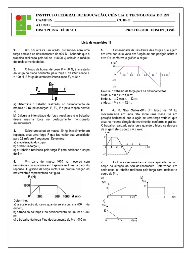 Lista de Exercicios 11 - Fisica 1 | PDF | Potência (Física) | Massa