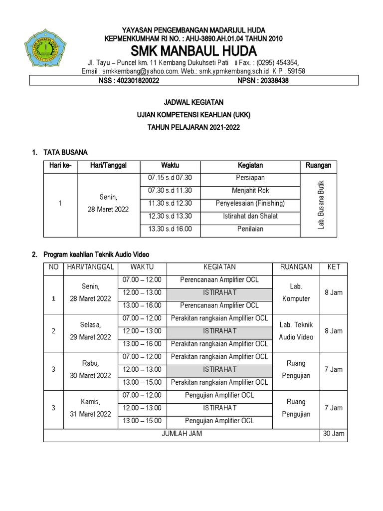 JADWAL UKK SMK MANBAUL HUDA | PDF