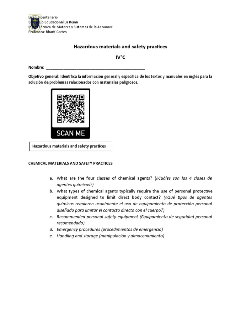 Worksheet Hazardous Materials and Safety Practices Aircraft Maintenance