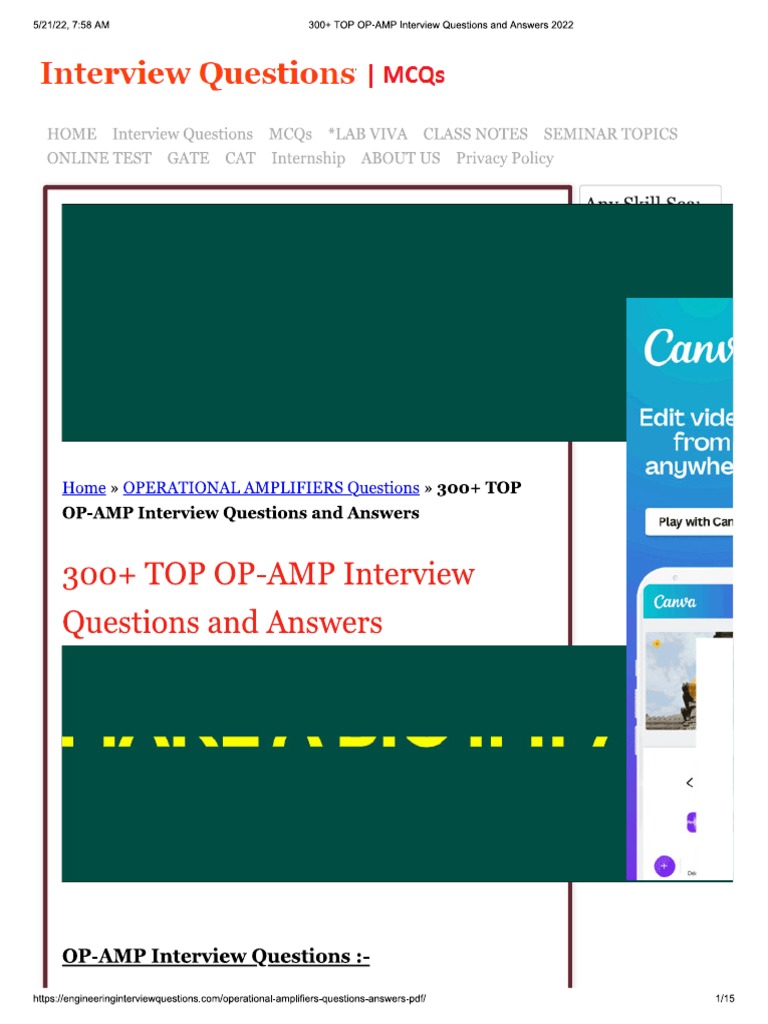 300+ TOP OPAMP Interview Questions and Answers 2022 PDF