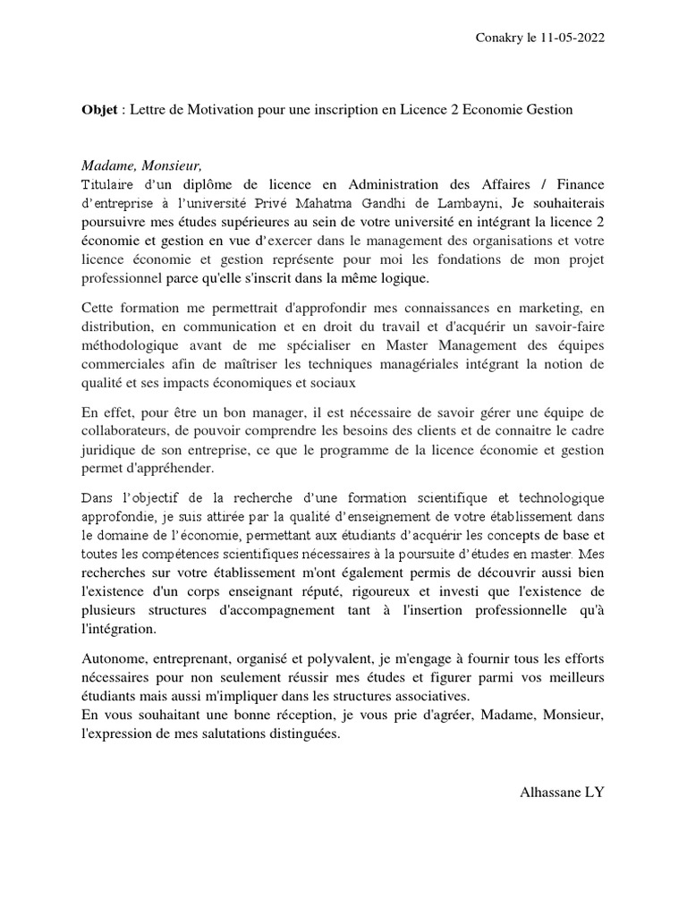 Lettre de motivation Licence 2 Économie Gestion PDF Affaires — free download