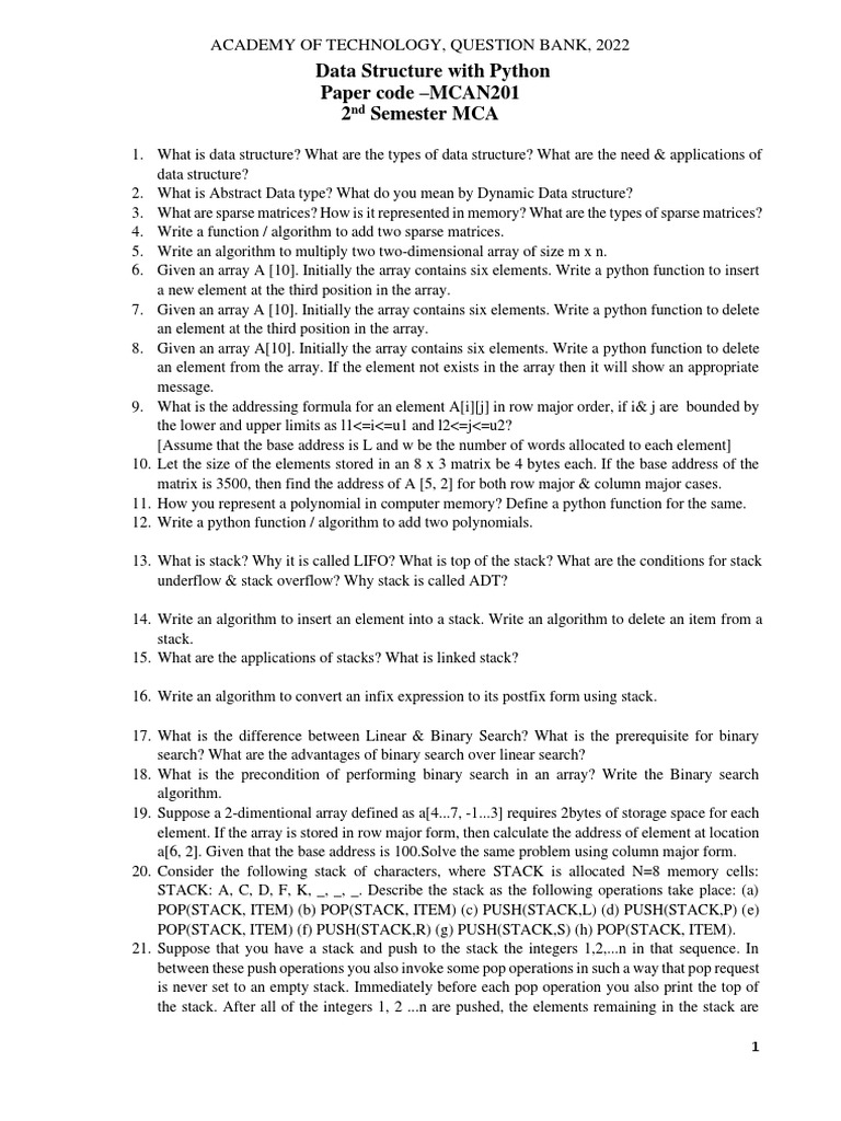 MCAN201 Data Structure With Python Questions For 1st Internal | PDF ...