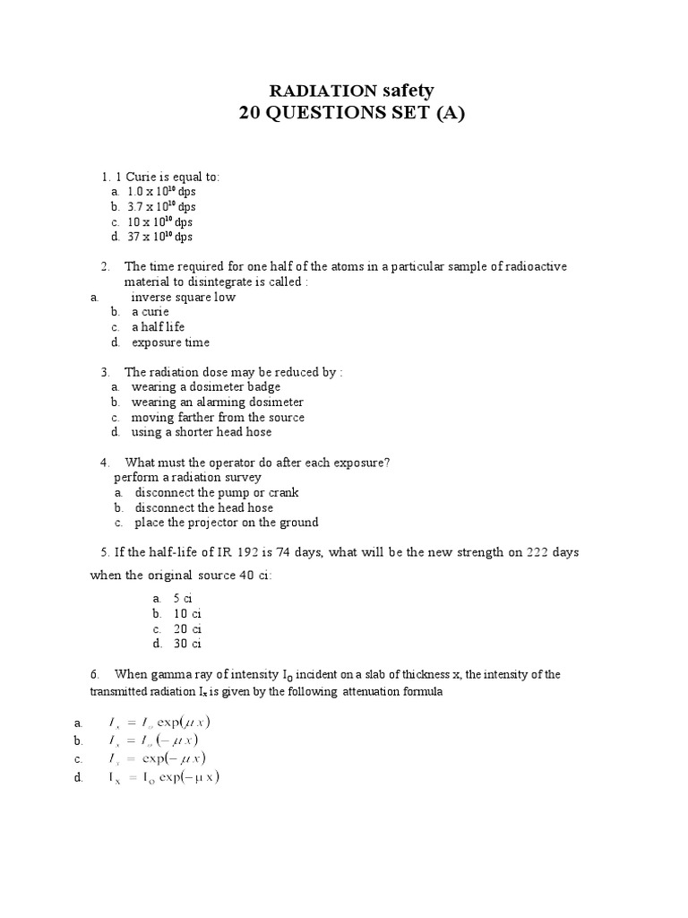 Safety 20 Questions Set (A) Radiation PDF Ionizing Radiation