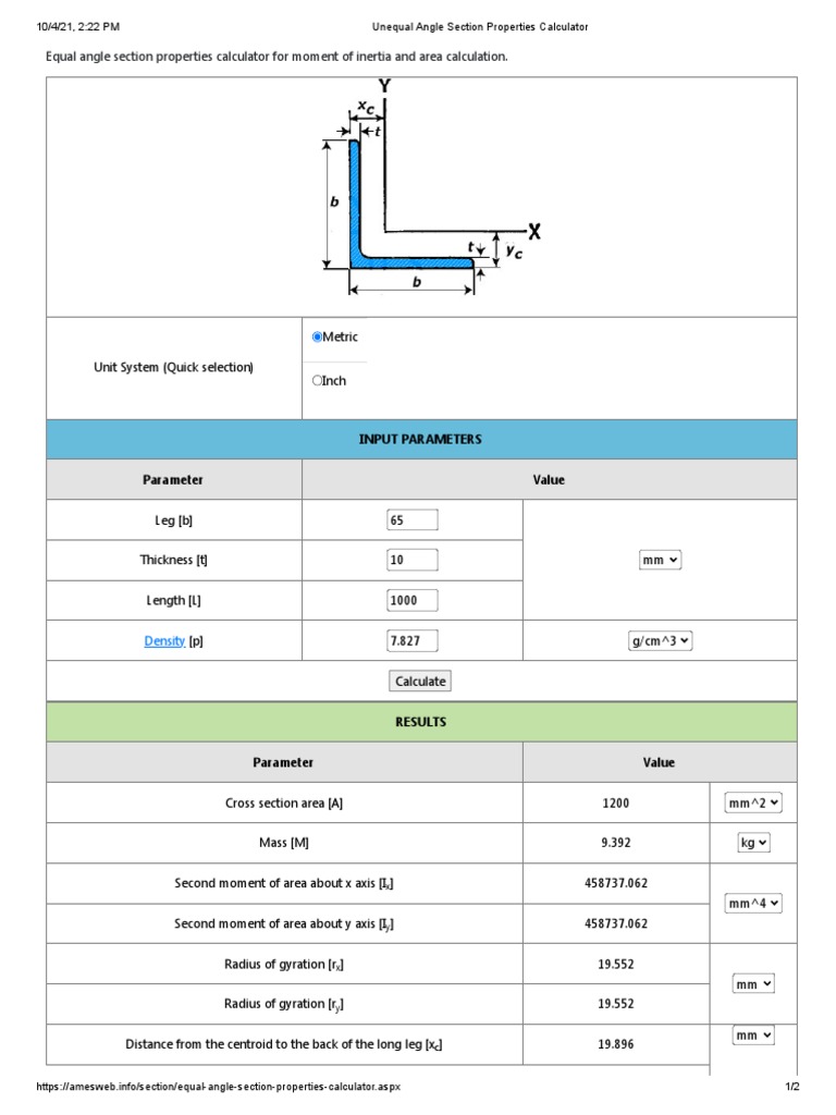 Equal Angle Section Properties Calculator PDF Area Mathematics
