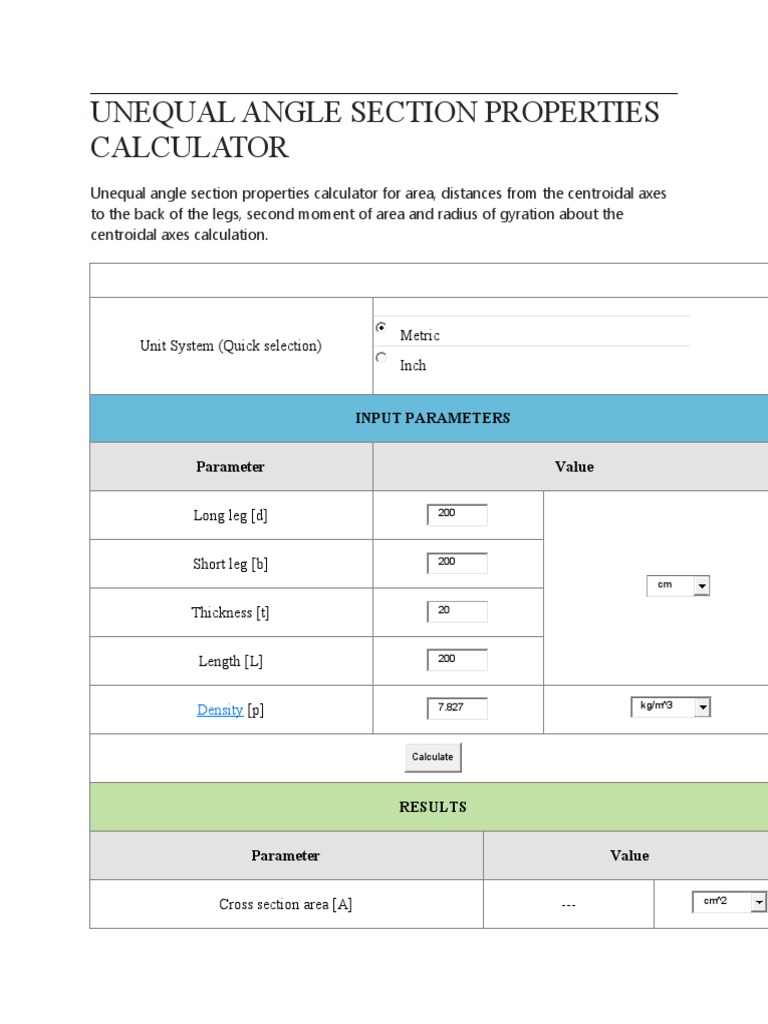 Unequal Angle Section Properties Calculator | PDF | Area | Geometry