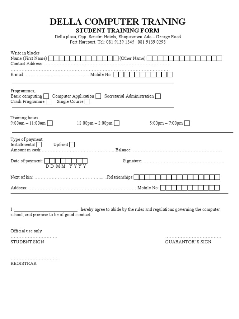 Della Computer Training Enrollment Form | PDF | Computers