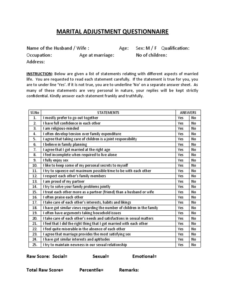 Marital Adjustment Questionnaire PDF Marriage Sexology