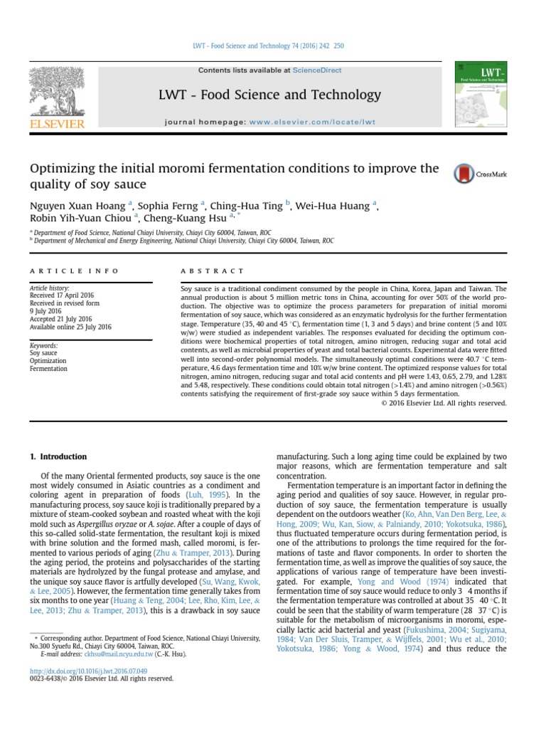 Optimizing The Initial Moromi Fermentation Conditions To Improve The Quality of Soy Sauce PDF