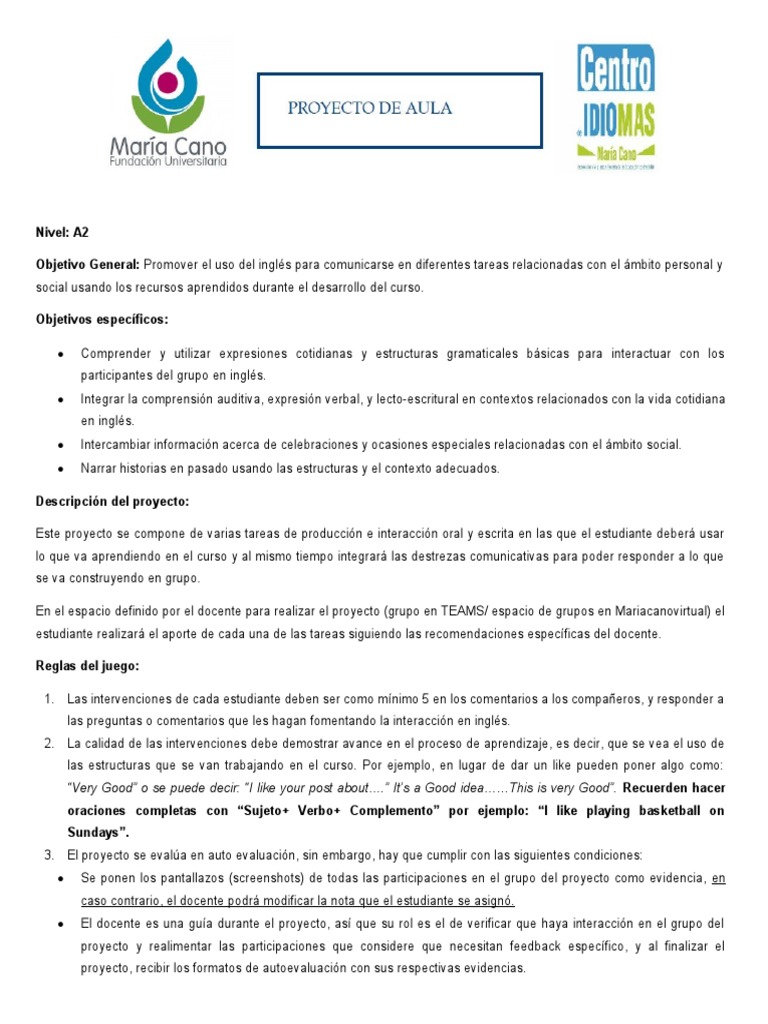 Proyecto de Aula A2 | PDF | Salón de clases | Cognición