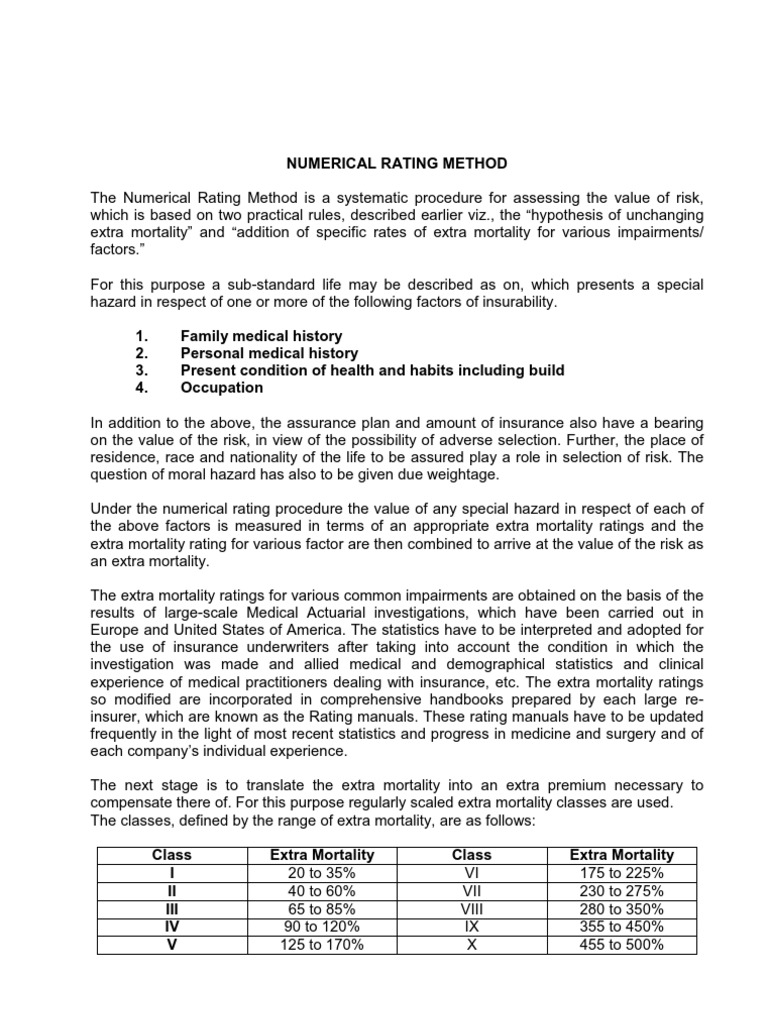 Numerical Rating Method in Life Insurance | PDF | Risk | Mortality Rate