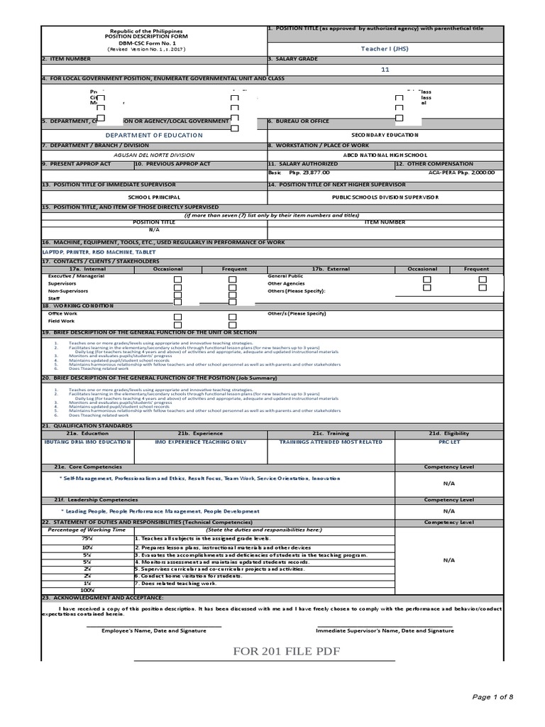 FORMAT Position Description Form PDF PDF Teachers Lesson Plan