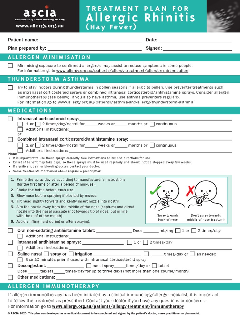 ASCIA Allergic Rhinitis Treatment Plan 2020 | PDF | Allergen | Allergology