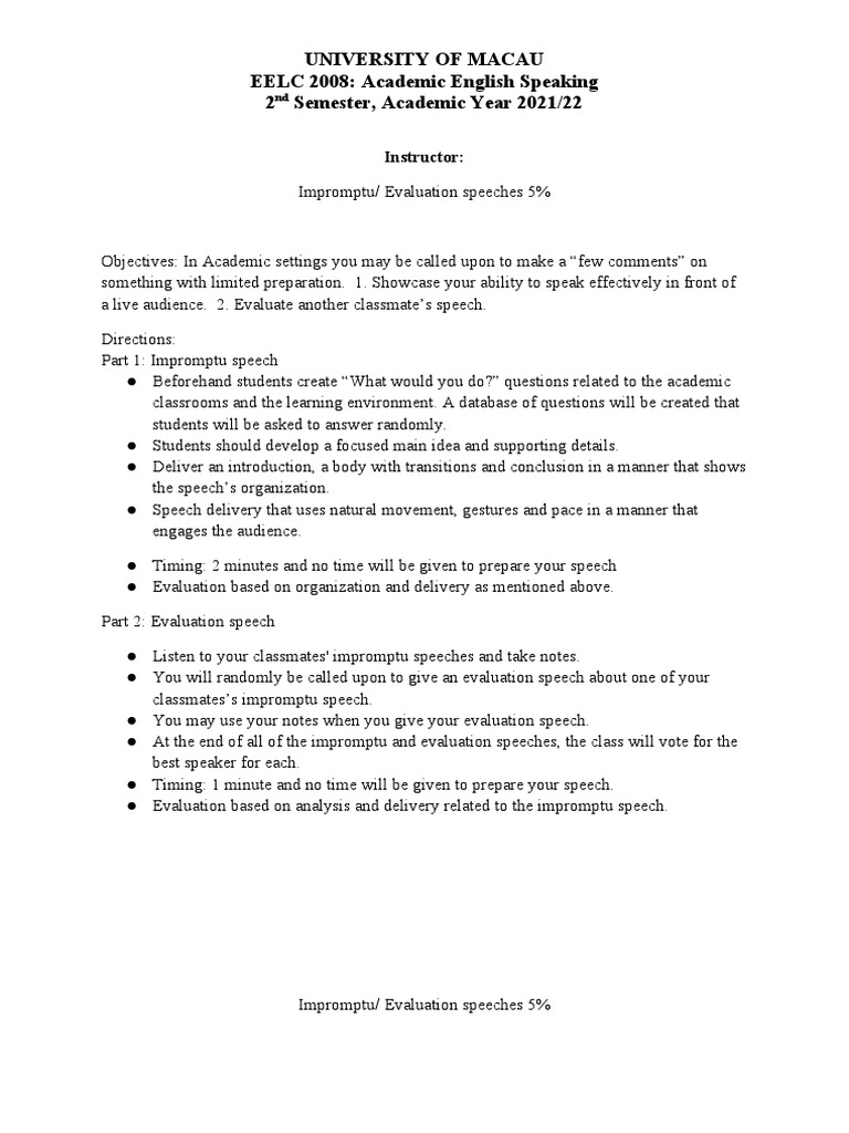 Impromptu & Evaluation Speech Guide | PDF | Evaluation | Body Language
