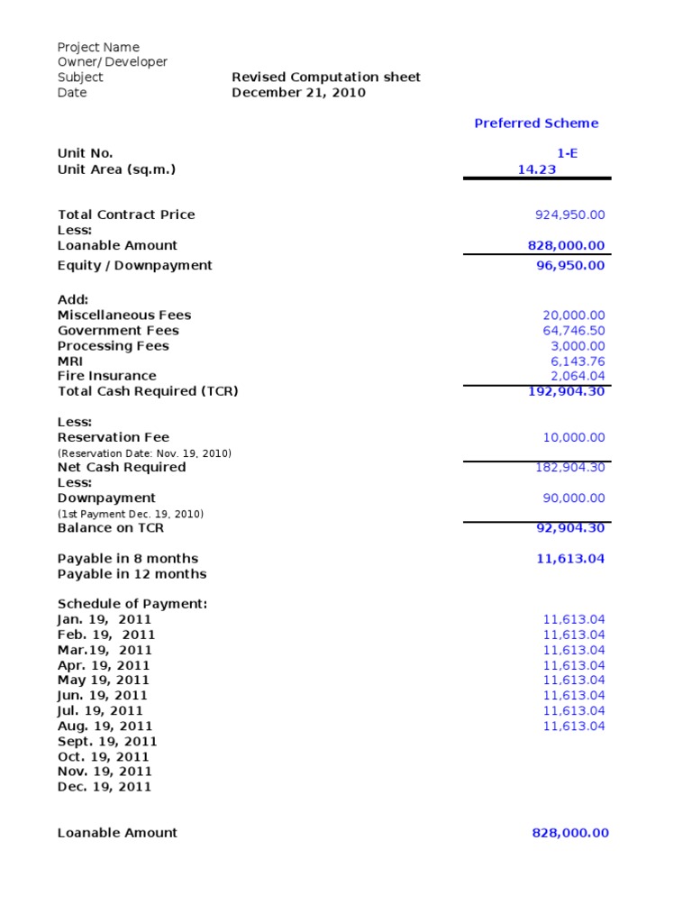 Revised Computation Sheet for Unit 1-E | PDF
