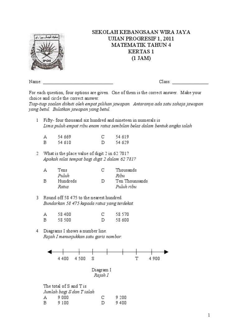 Ujian Progresif Matematik Tahun 4 Kertas 1