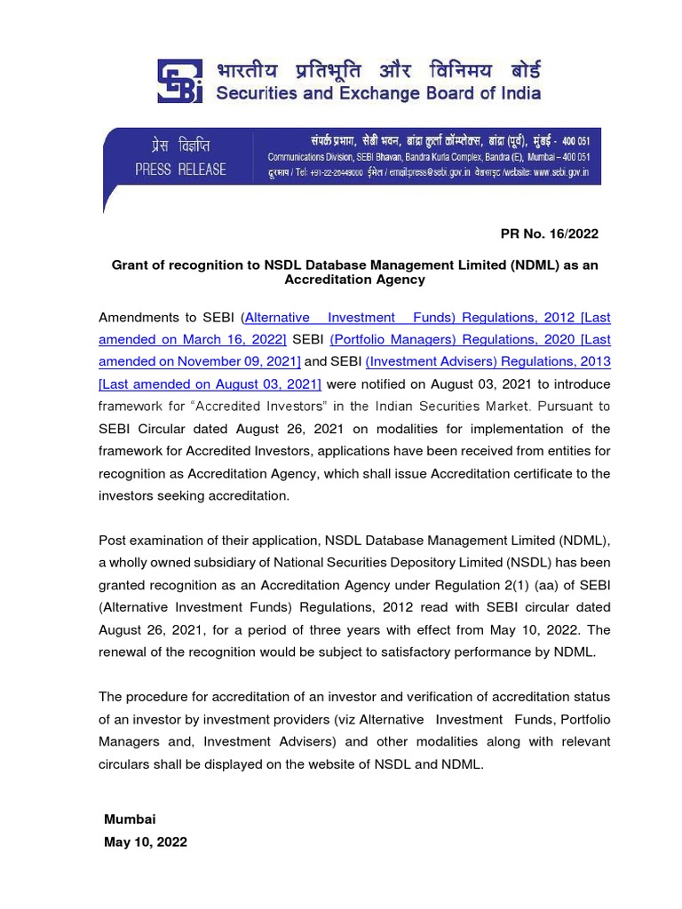 PR No. 16/2022 Grant of Recognition To NSDL Database Management Limited ...