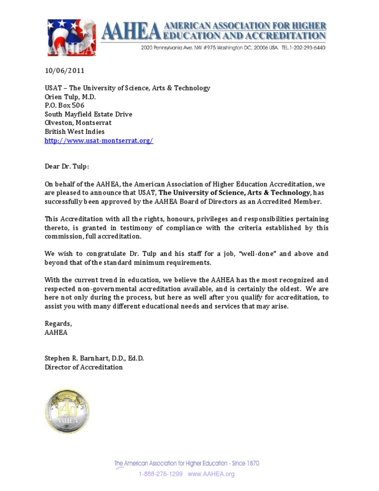 USAT - AAHEA Form Letter For Accreditation | PDF
