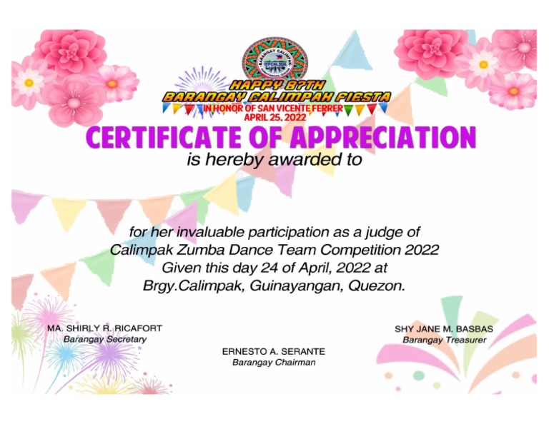 Certificate of Appreciation Calimpak Fiesta 2022 Her Zumba PDF