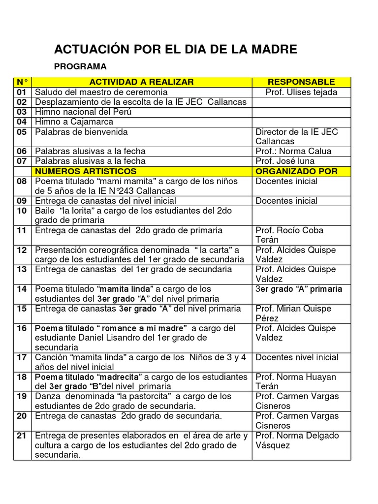 Programa de Actuación por el Día de la Madre | PDF