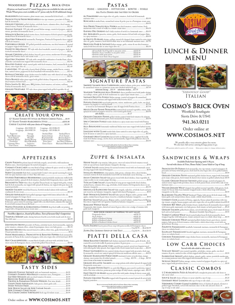 Cosimo's Brick Oven Menu Overview | PDF | Tomato Sauce | Salad