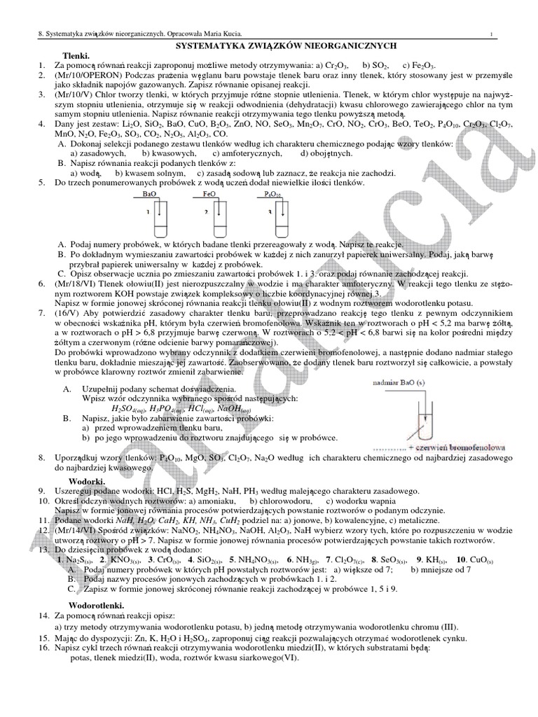 Arkusz Sprawdzający Iii Systematyka Związków Nieorganicznych Odpowiedzi Systematyka Związków Nieorganicznych | PDF