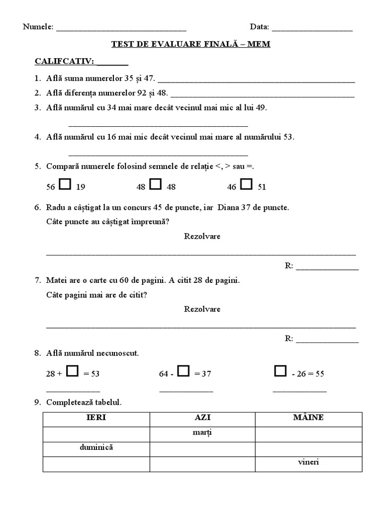 Test de Evaluare Finala Mem I | PDF