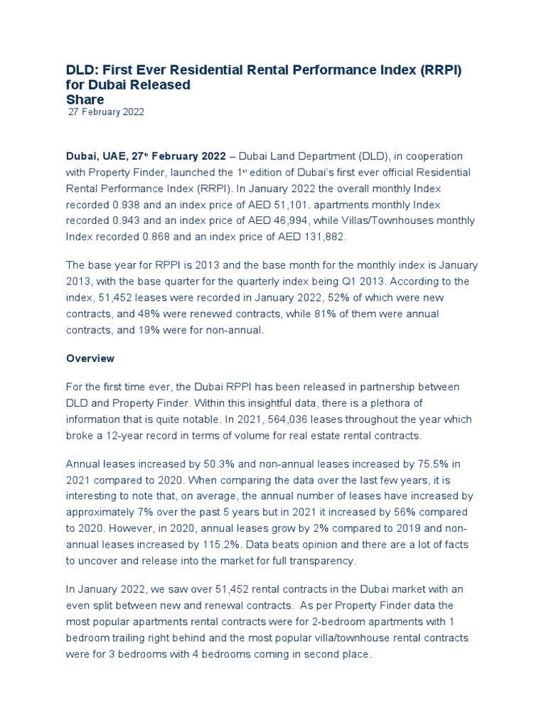 DLD: First Ever Residential Rental Performance Index (RRPI) For Dubai ...