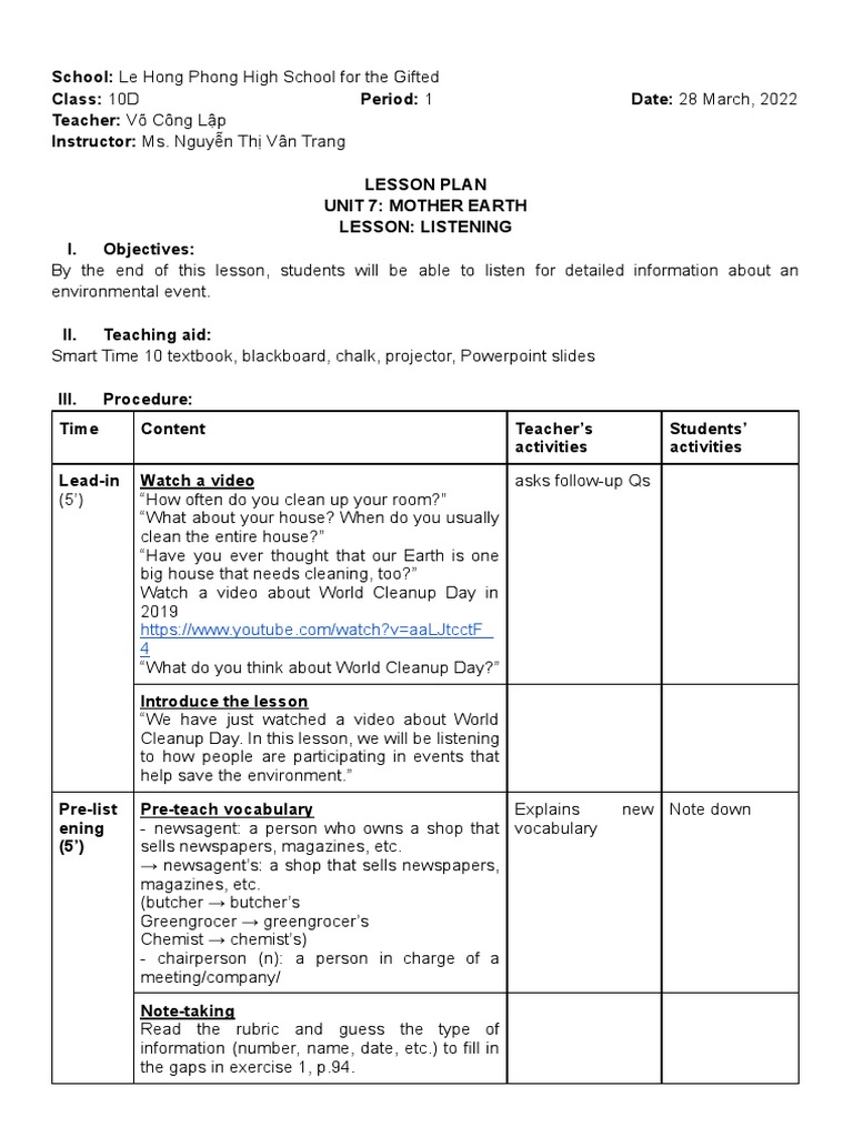 Listening Lesson Plan on Environmental Awareness | PDF | Science ...