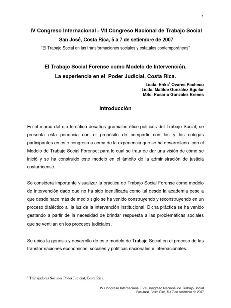 El Trabajo Social Forense Como Modelo de Intervencion, Experiencia en ...