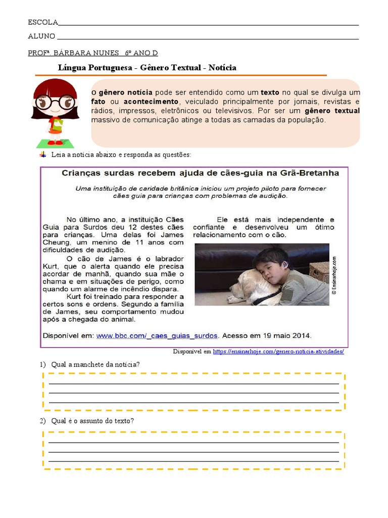 Atividades de Gênero Textual: Notícia 6º Ano | PDF