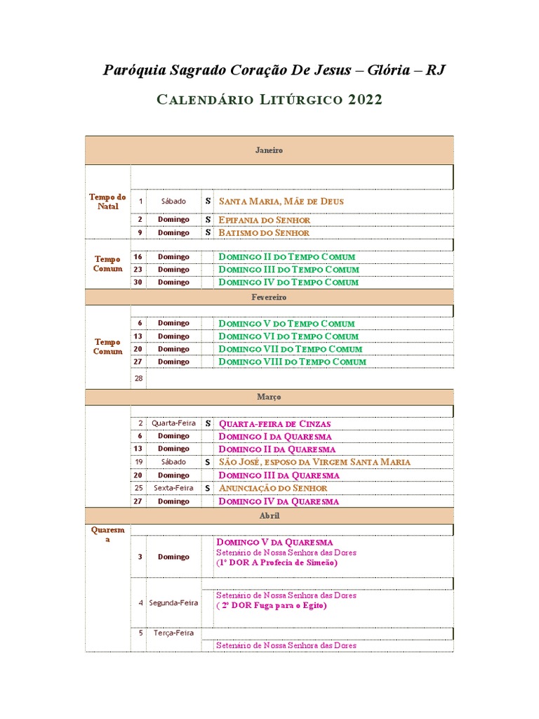 Calendário Litúrgico 2022 | PDF | Páscoa | Quaresma
