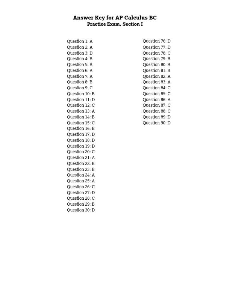 Answer Key For AP Calculus BC: Practice Exam, Section I | PDF ...