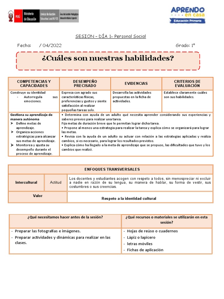 Sesión de Personal Social 1° Grado | PDF | Aprendizaje | Evaluación