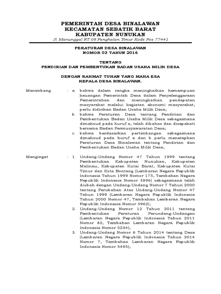 Pendirian BUMDes Binalawan 2016 | PDF | Griya & Taman