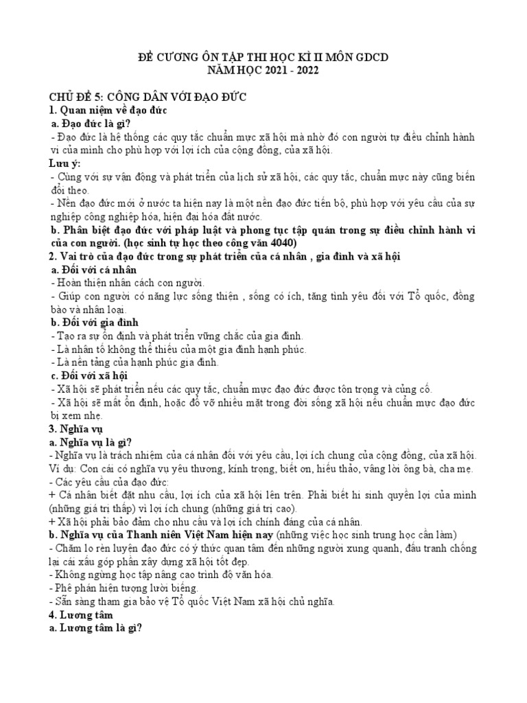 ĐỀ CƯƠNG ÔN TẬP GDCD 10 | PDF
