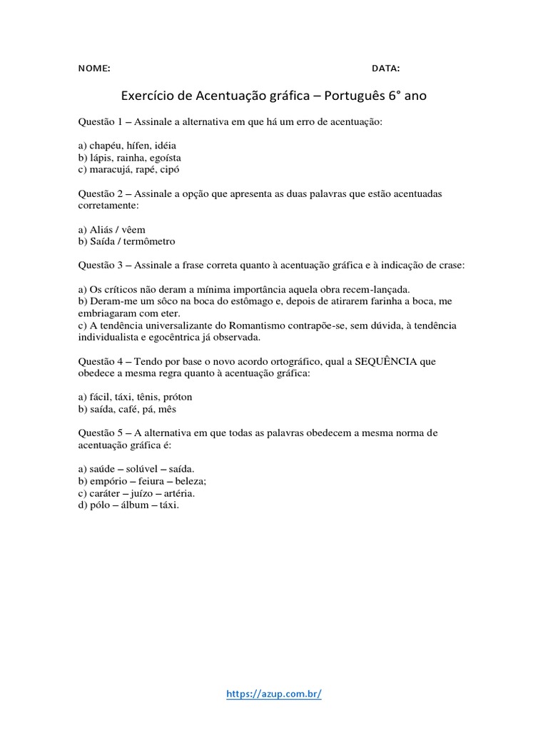Exercício de Acentuação Gráfica 6º Ano | PDF