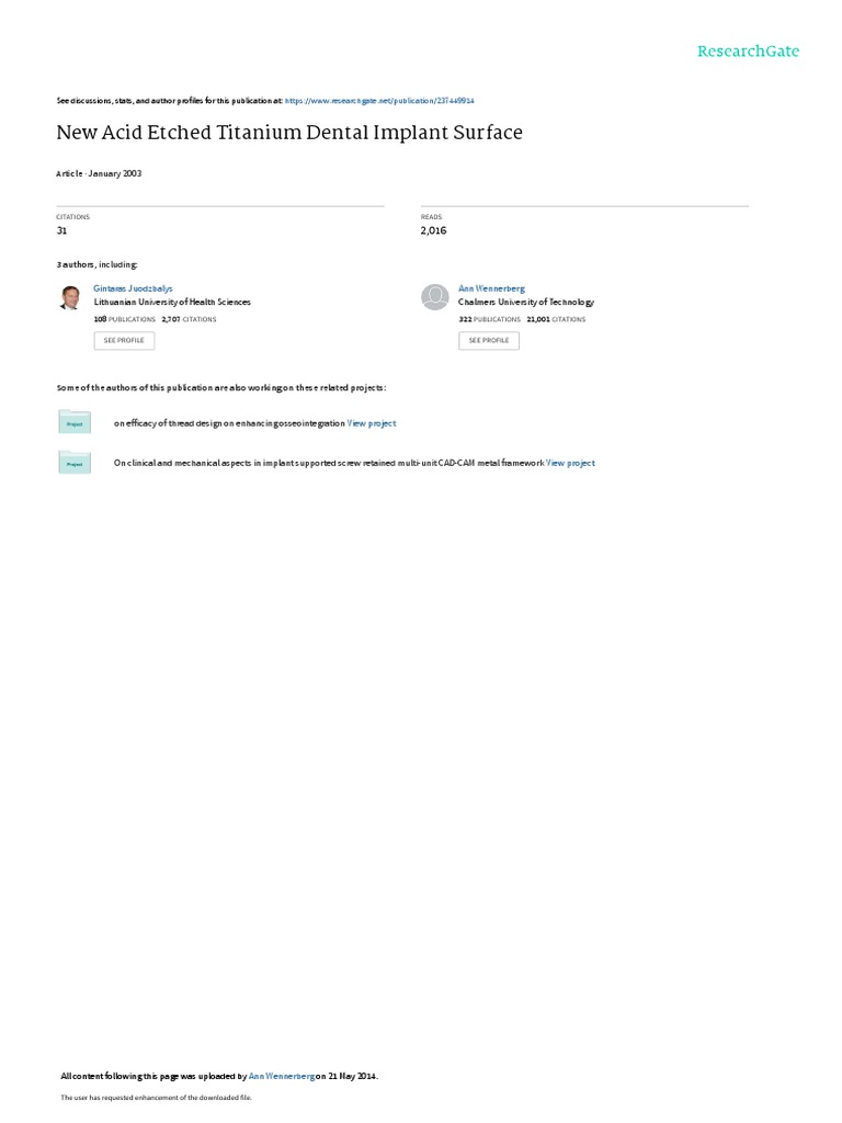 New Acid Etched Titanium Dental Implant Surface PDF Dental Implant Surface Roughness