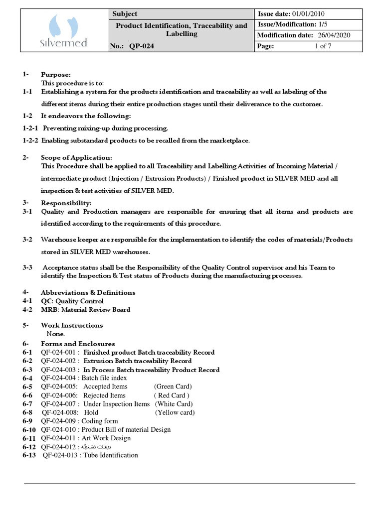 QP-024 Product Identification, Traceability and Labelling | PDF
