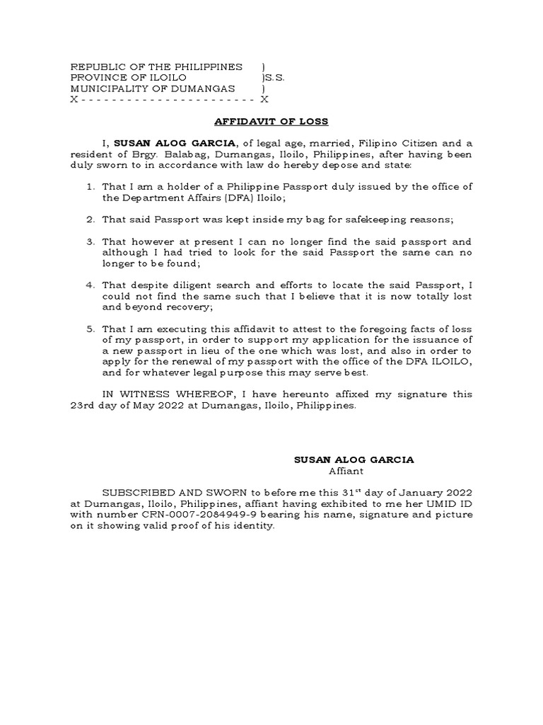 Affidavit of Loss Passport PDF Affidavit Passport