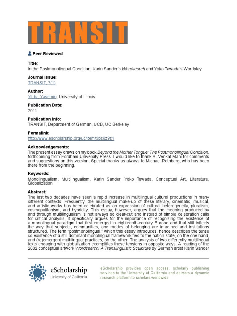 In The Postmonolingual Condition Karin Sanders Wordsearch - 