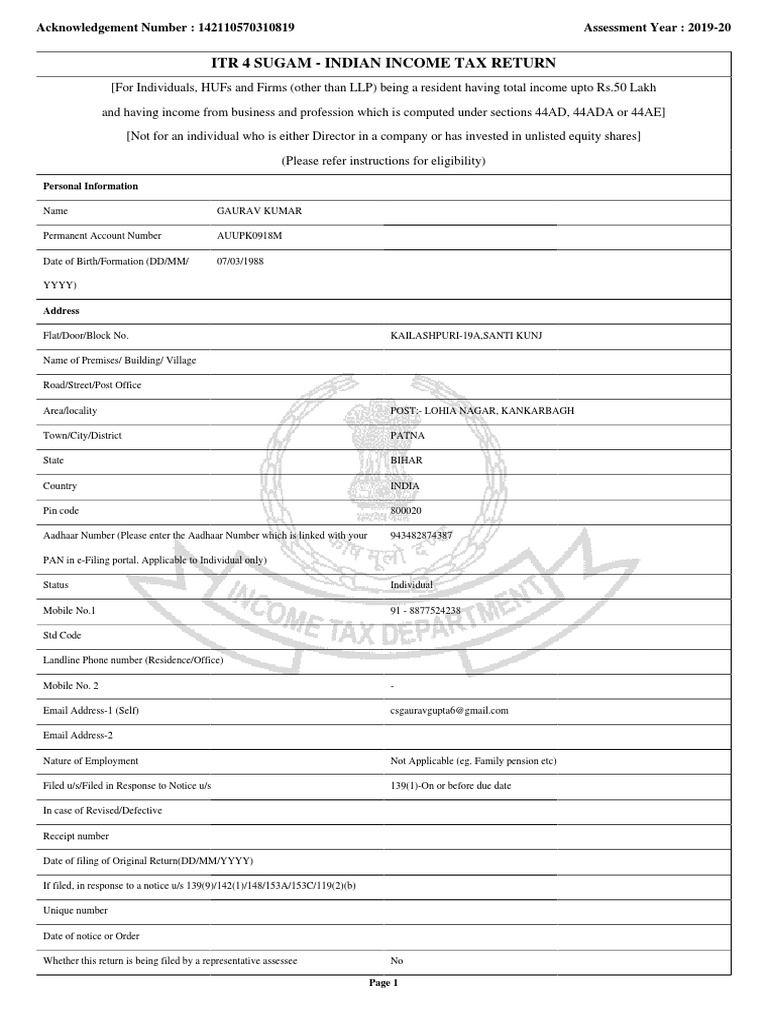Itr 4 Sugam Indian Tax Return Acknowledgement Number
