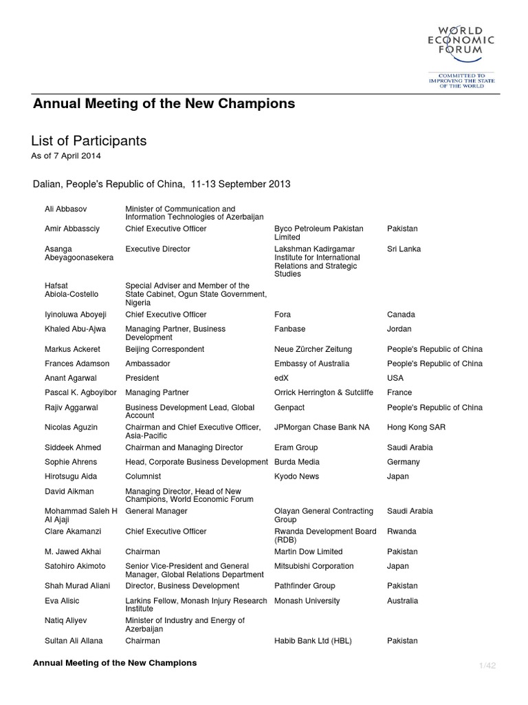 WEF AMNC13 Participants SGMpfck4Xg | PDF | China | World Politics