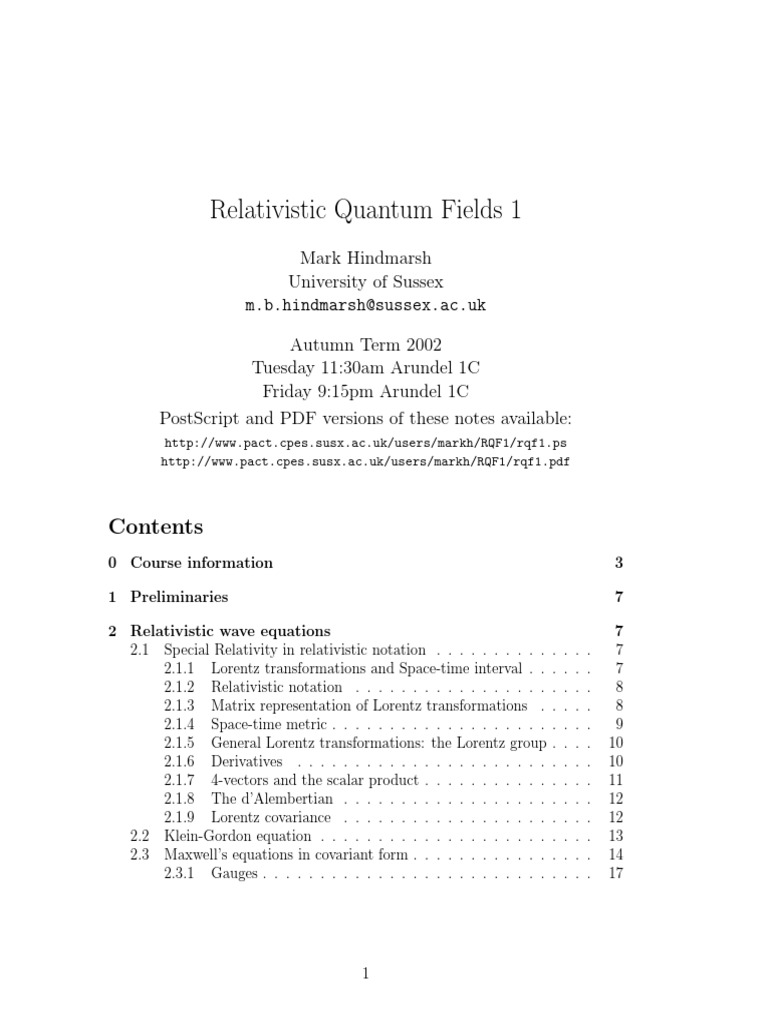 Relativistic Quantum Fields 1 | PDF | Special Relativity | Lagrangian ...