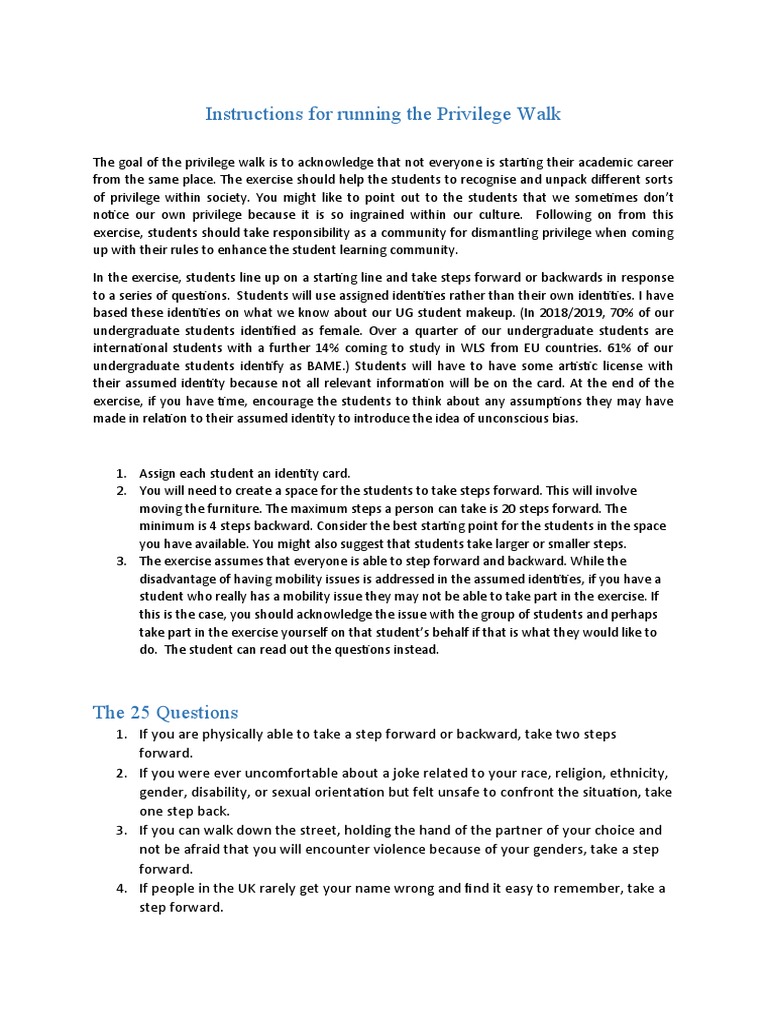 Privilege Walk Exercise Instructions | PDF | Social Science | Lifestyle