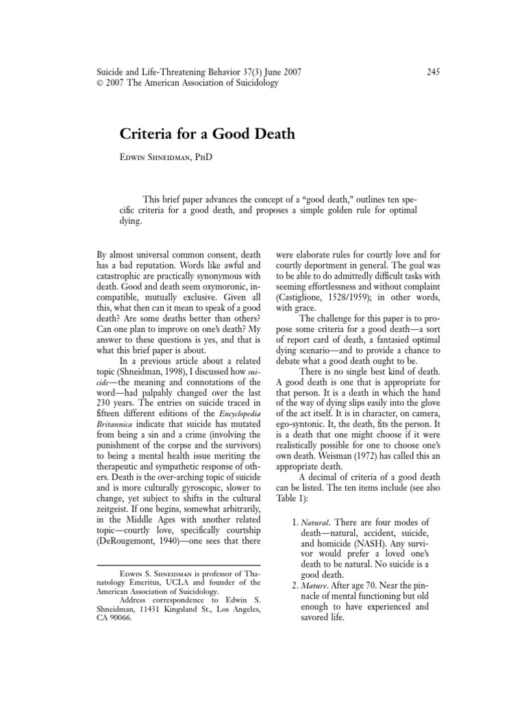 Criteria For A Good Death PDF Psychology Cognition