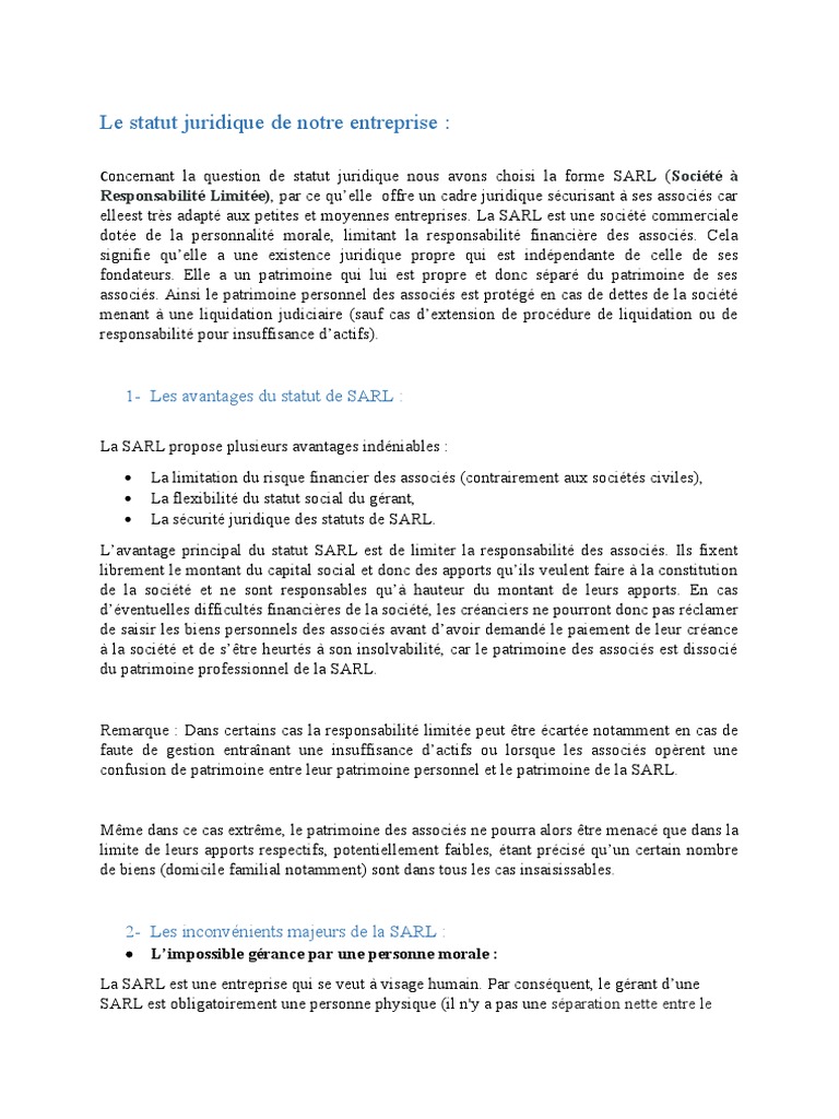Le Statut Juridique de Notre Entreprise | PDF | Business | Économie