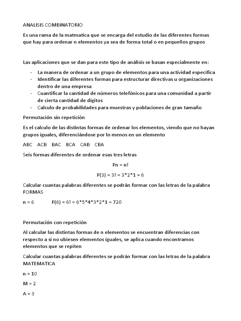Análisis Combinatorio en Matemáticas | PDF | Permutación | Combinatoria