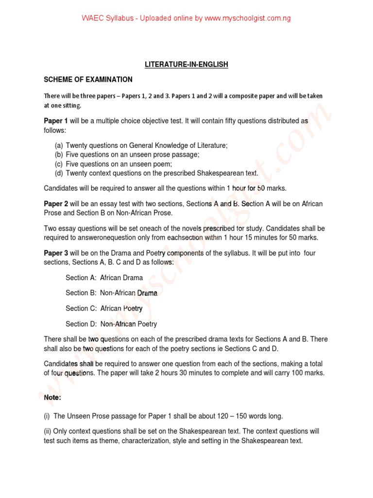 WAEC Literature Syllabus 2025 Overview | PDF | Poetry | Writing