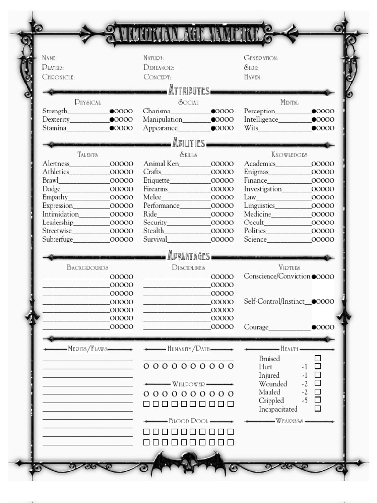 WOD Vampire The Masquerade Victorian Age Character Sheet